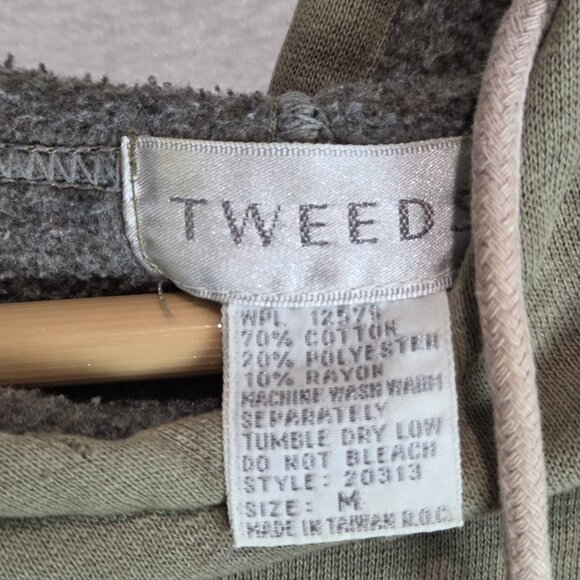 Cropped Hoodie Womens M Drawstring Olive Green Tweed Distressed Sweatshirt Hood - Picture 5 of 8
